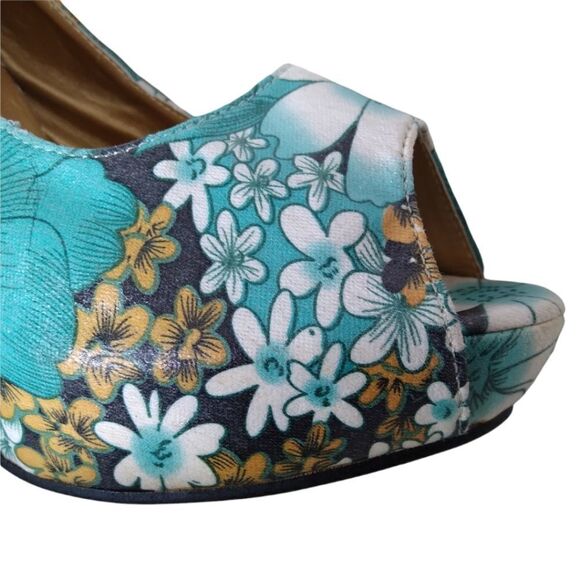 Show Story Platform Heels Teal Floral Open Toe Size 9.5 or EU41 - Picture 3 of 15